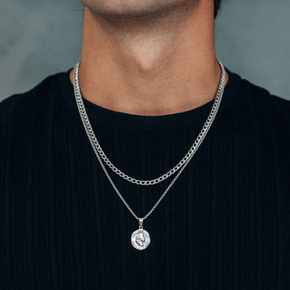 Silver Necklace Set : Coin Pendant Necklace and 4mm Curb Chain - stainless steel - Boutique Wear RENN
