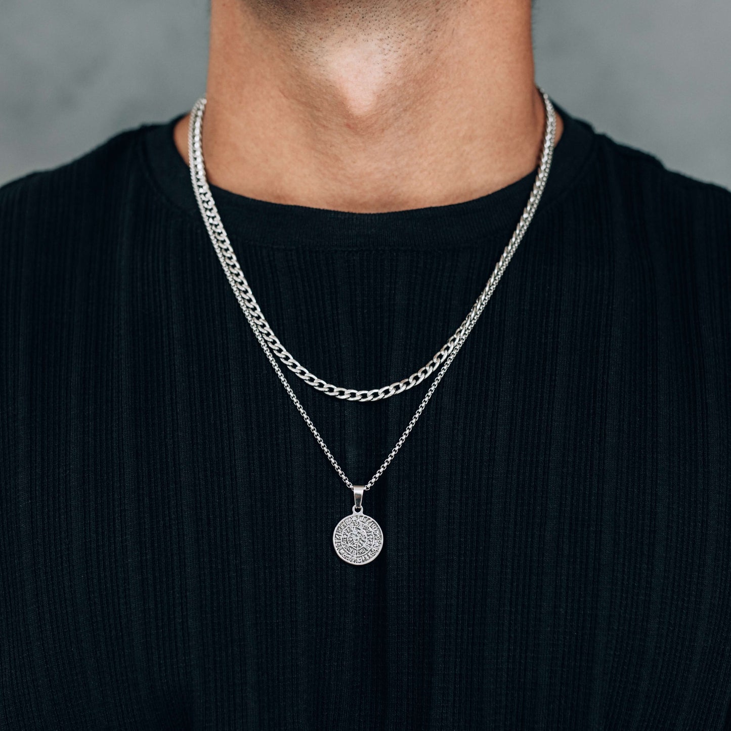 Silver Necklace Set : Greek Inspired Coin Pendant Necklace and 4mm Curb Chain- Stainless Steel - Boutique Wear RENN