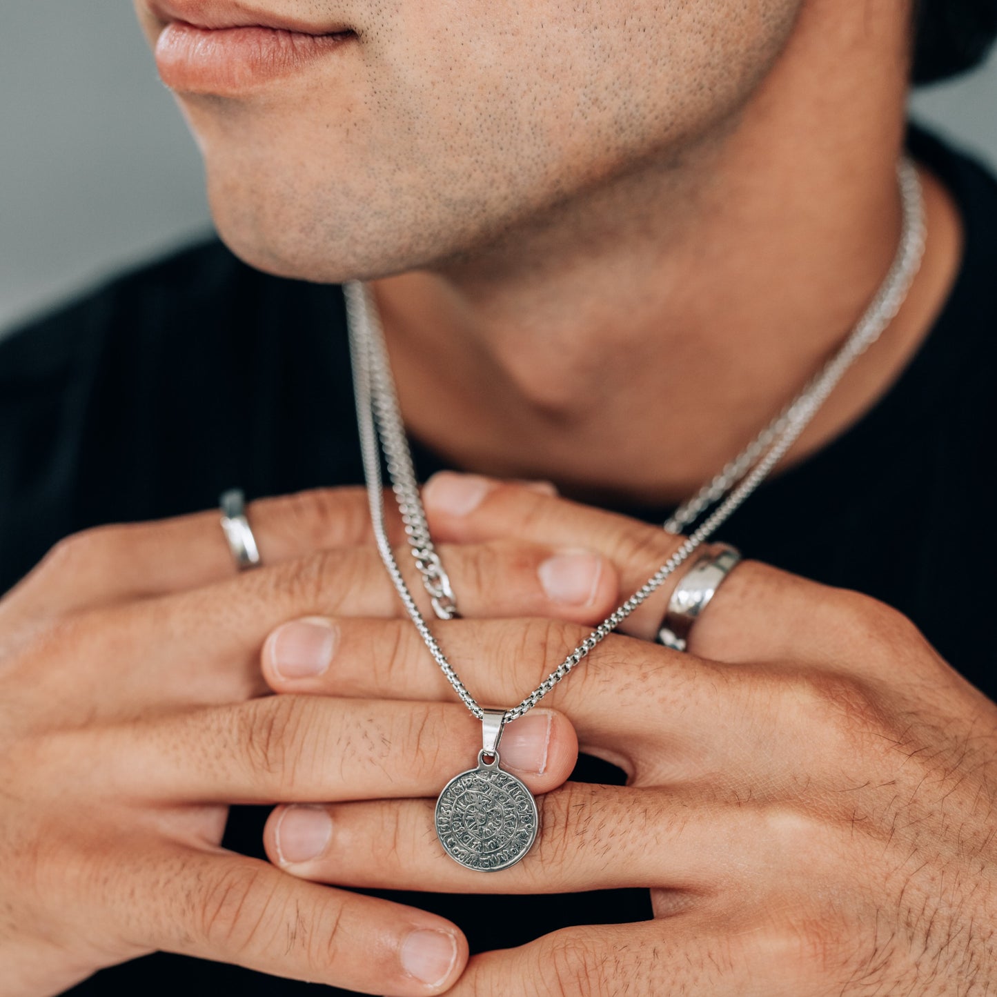Silver Necklace Set : Greek Inspired Coin Pendant Necklace and 4mm Curb Chain- Stainless Steel - Boutique Wear RENN