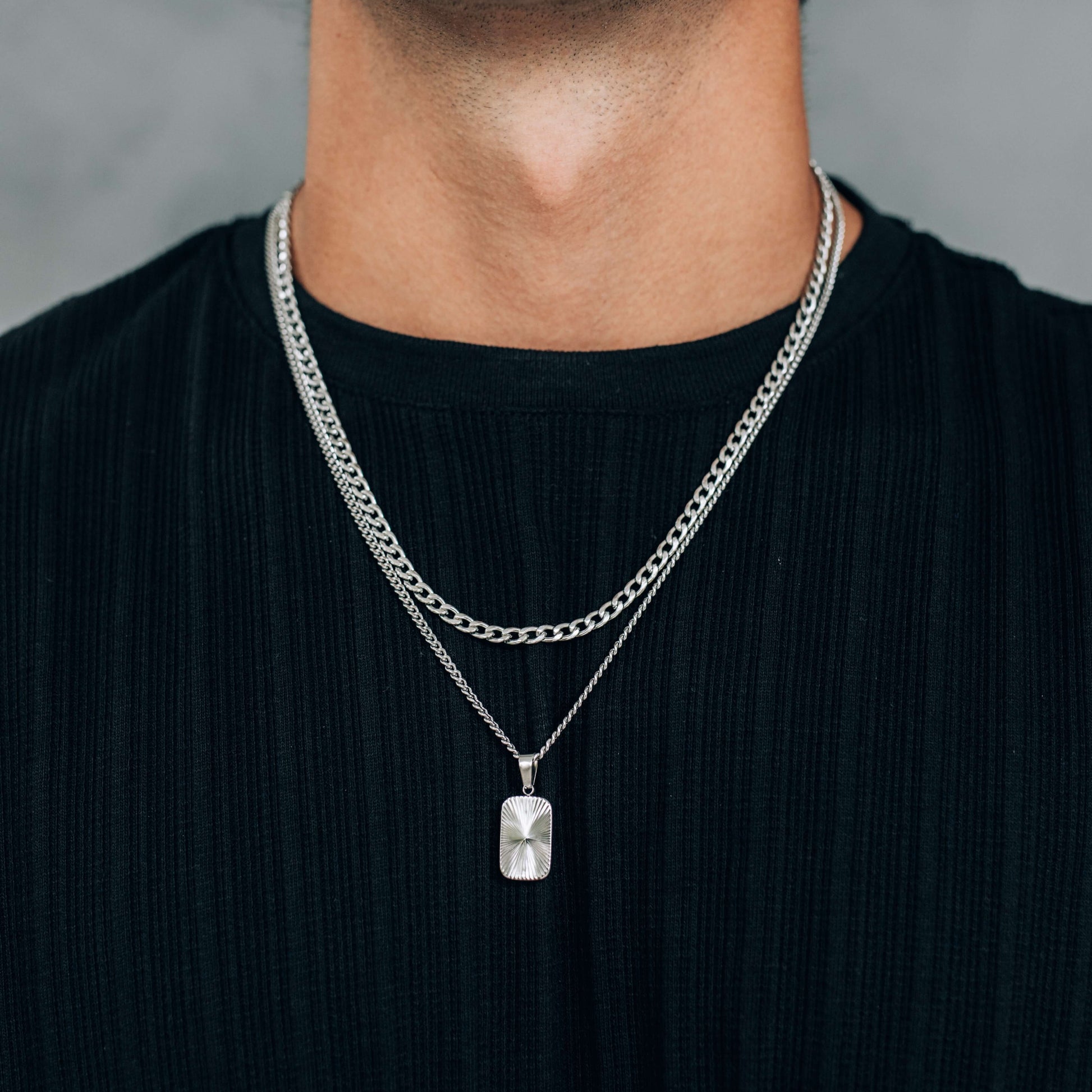 Silver Necklace Set : Sun Rectangle Pendant Necklace and 4mm Curb Chain - Stainless Steel - Boutique Wear RENN