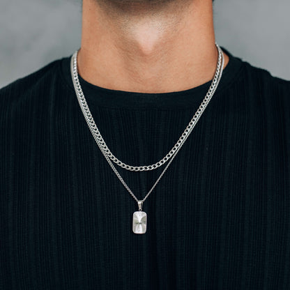 Silver Necklace Set : Sun Rectangle Pendant Necklace and 4mm Curb Chain - Stainless Steel - Boutique Wear RENN