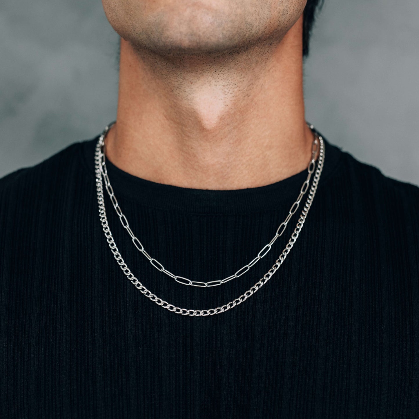 Silver Necklace Set : 4mm Curb Chain and 4mm Paperclip Chain - Stainless Steel Chains - Boutique Wear RENN