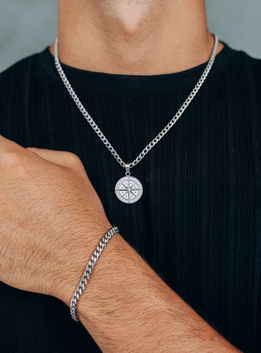 Silver Jewelry Set : Compass Pendant Necklace and 5mm Curb Chain Bracelet