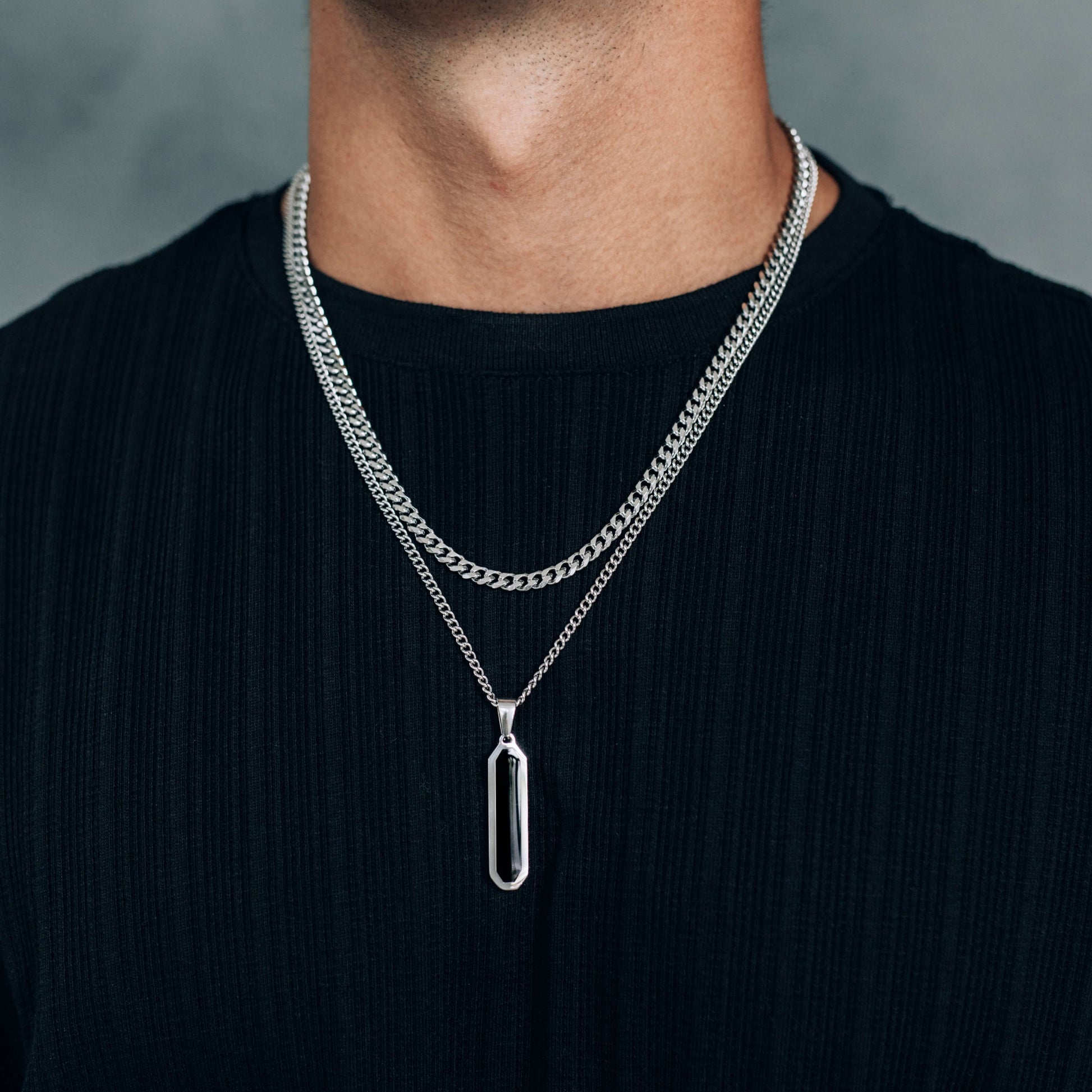 Silver Necklace Set : Black Bar Pendant Necklace and 5mm Curb Chain - Stainless Steel necklace / Boutique Wear RENN