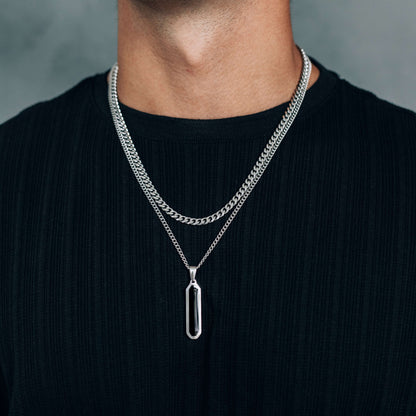 Silver Necklace Set : Black Bar Pendant Necklace and 5mm Curb Chain - Stainless Steel necklace / Boutique Wear RENN