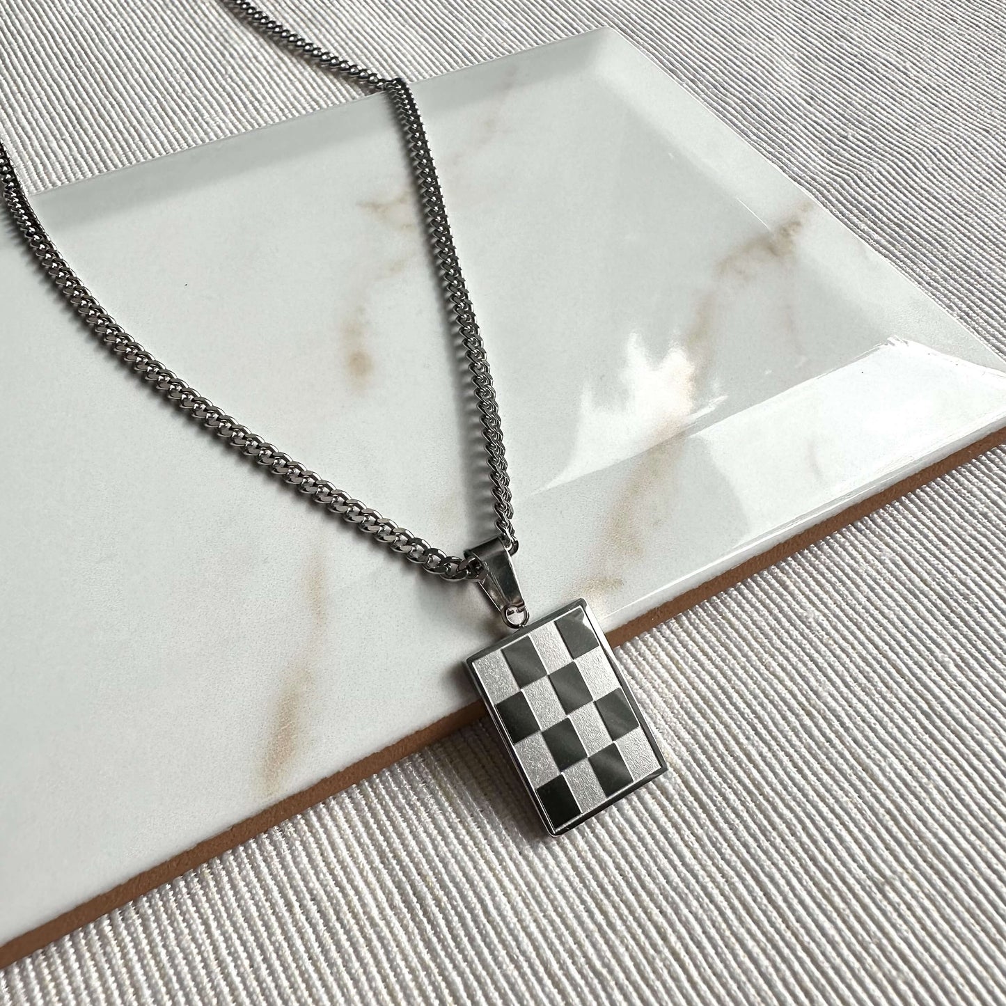 Silver Rectangle Checkered Pendant Necklace 3mm Curb Chain For Men or Women