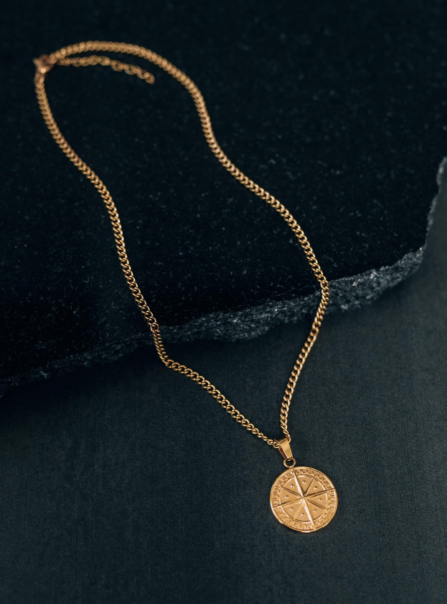 Gold Necklace Set For Men or Women - Compass Coin Pendant Necklace and 5mm Curb Chain