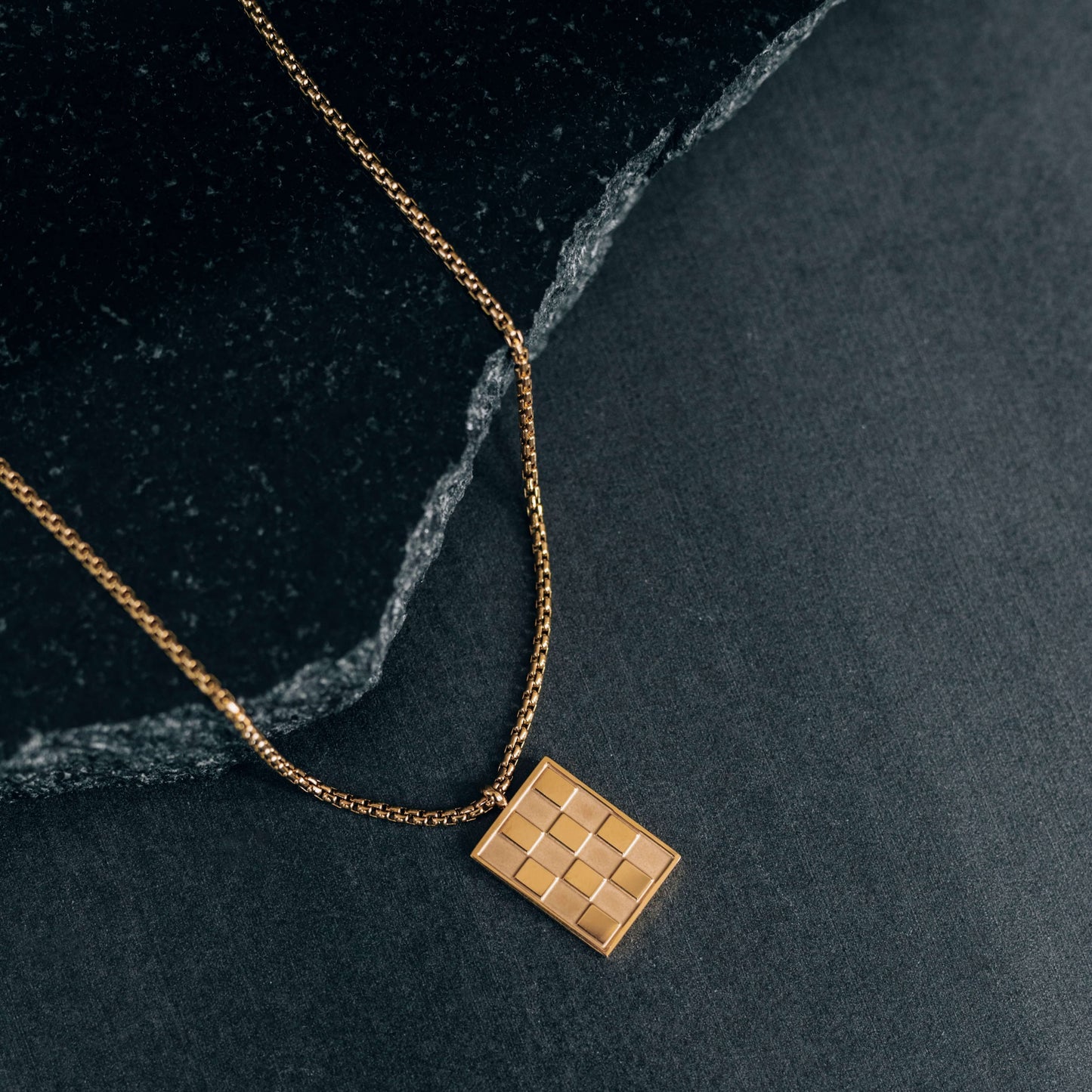 Gold Rectangle Checkered Pendant Necklace 2mm Box Chain For Men or Women