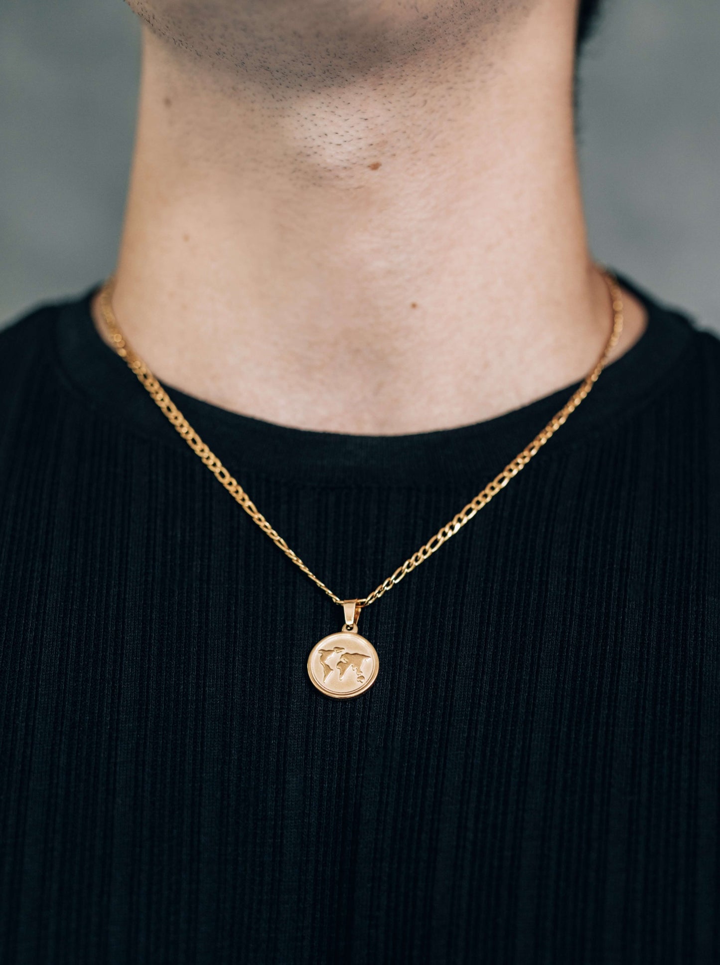 Gold World Map Pendant Necklace 3mm Figaro Chain For Men or Women - Necklace - Boutique Wear RENN