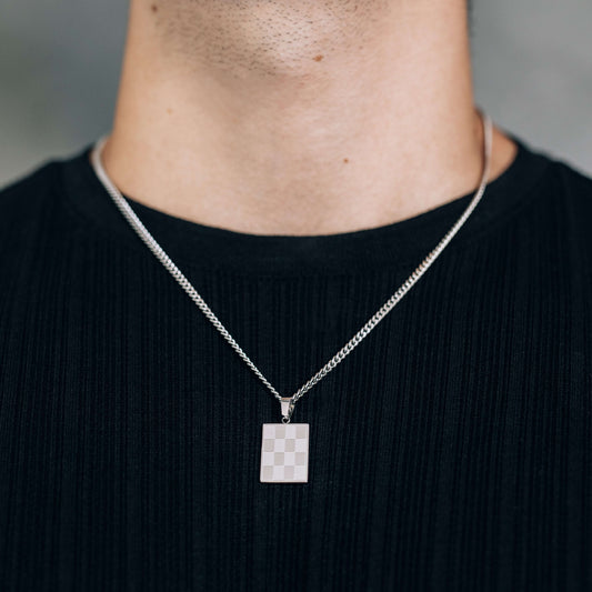 Silver Rectangle Checkered Pendant Necklace 3mm Curb Chain For Men or Women