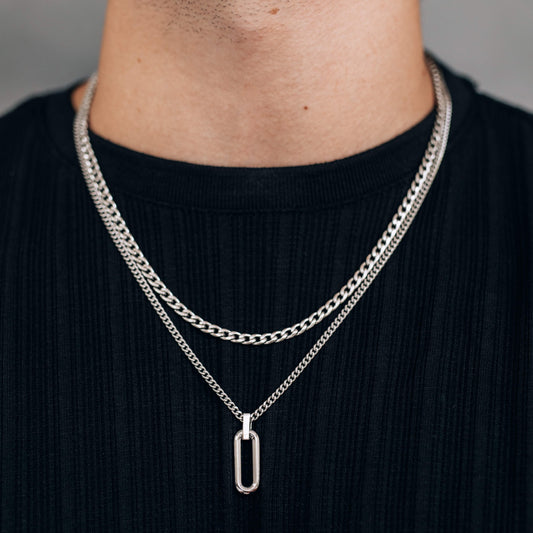 Silver Necklace Set for Men : Oval Pendant Necklace and 4mm Curb Chain