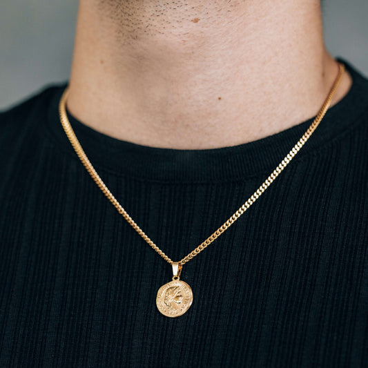 Gold Coin Pendant 3mm Curb Chain Necklace For Men or Women - Pendant Necklace - Boutique Wear RENN