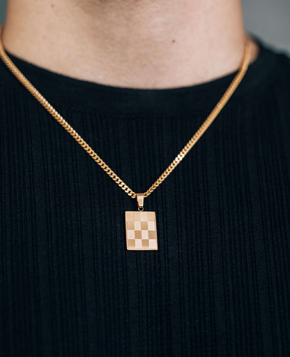 Gold Rectangle Checkered Pendant Necklace 3mm Curb Chain For Men or Women