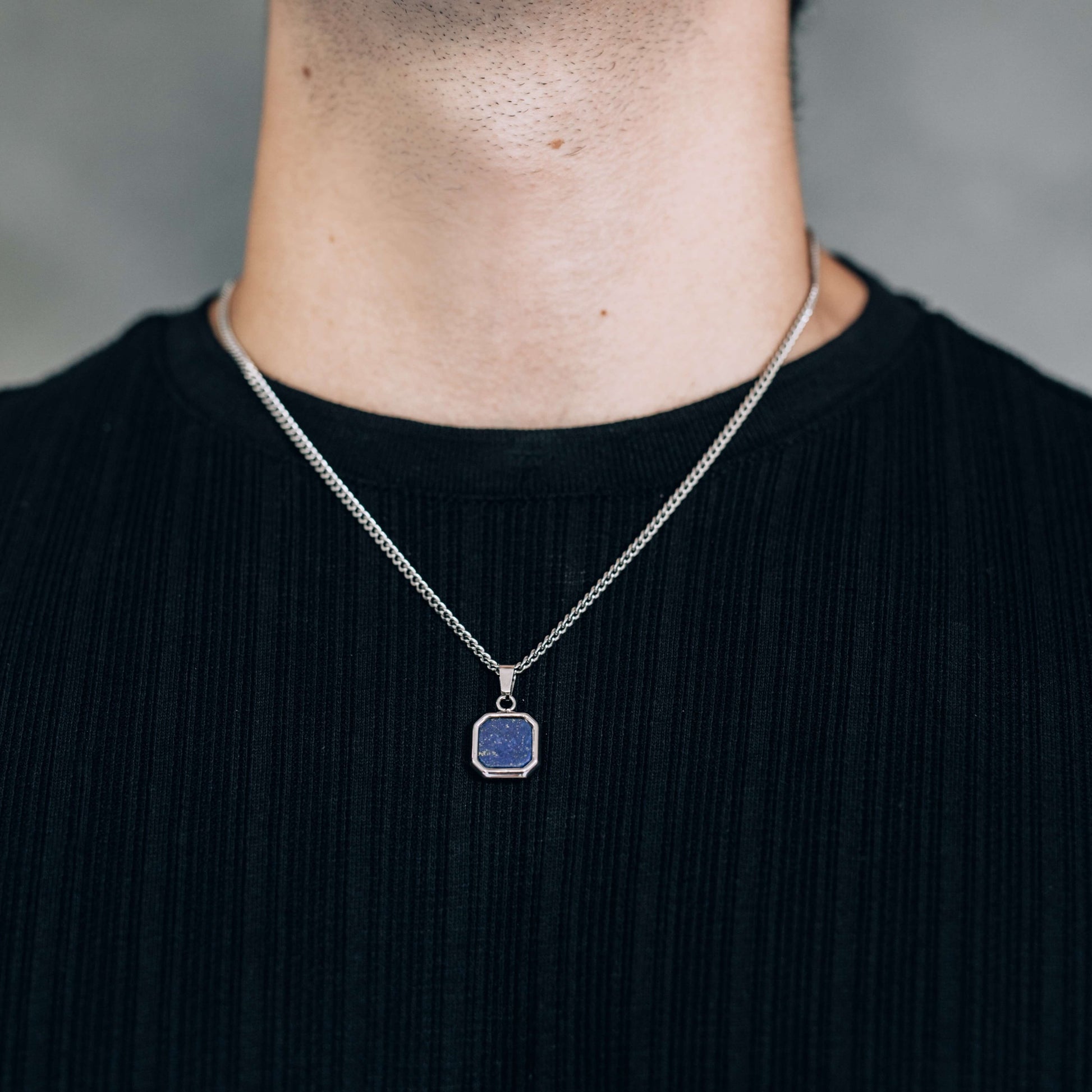 Silver Black, Blue or White Square Pendant Necklace 3mm Curb Chain For Men or Women - Necklace - Boutique Wear RENN