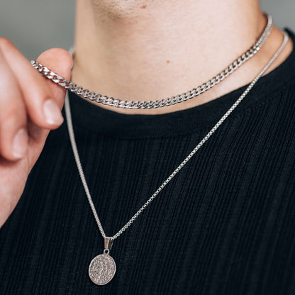 Silver Necklace Set for Men : Coin Pendant Necklace and 5mm Cuban Curb Chain