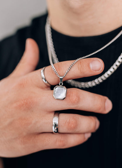 Silver Necklace Set for Men : Black or White Square Pendant Necklace and 6mm Curb Chain - Necklace Set - Boutique Wear RENN