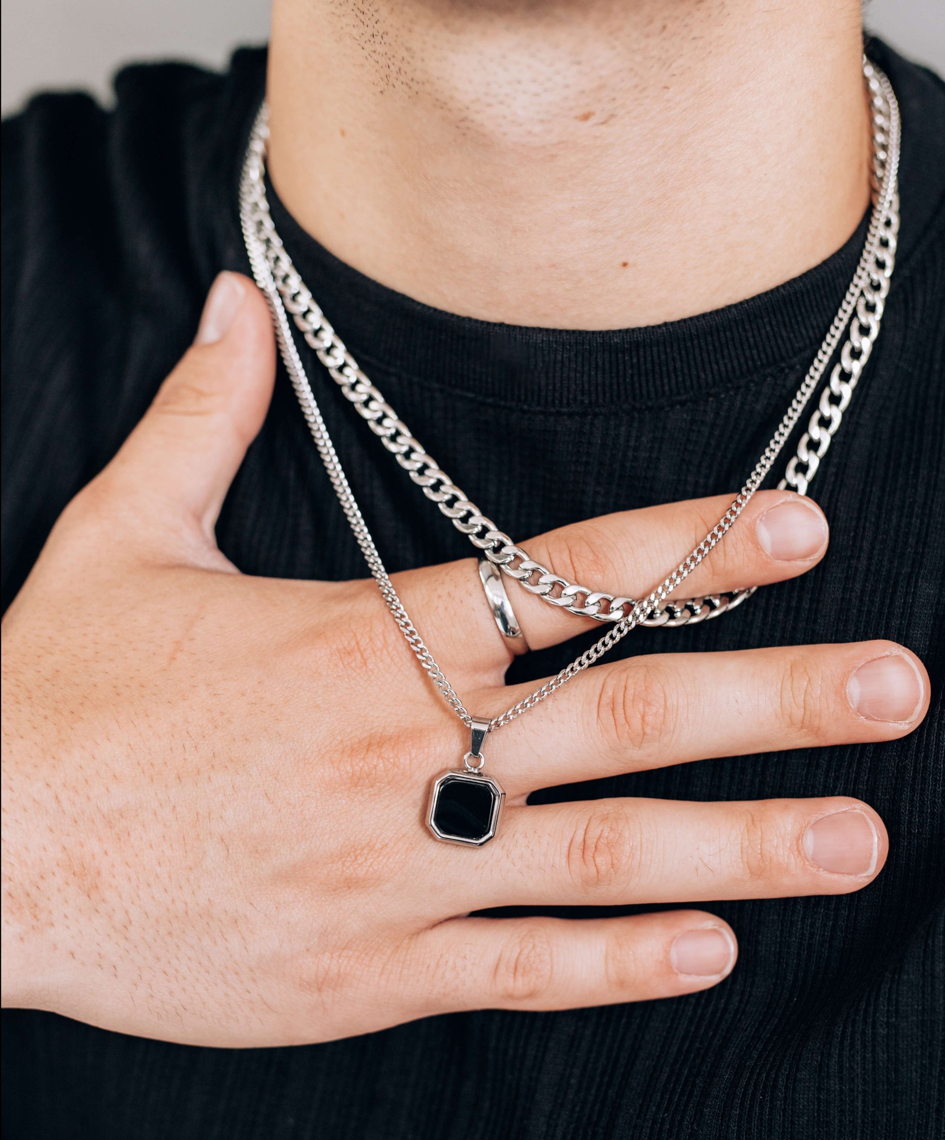 Silver Necklace Set for Men : Black or White Square Pendant Necklace and 6mm Curb Chain - Necklace Set - Boutique Wear RENN