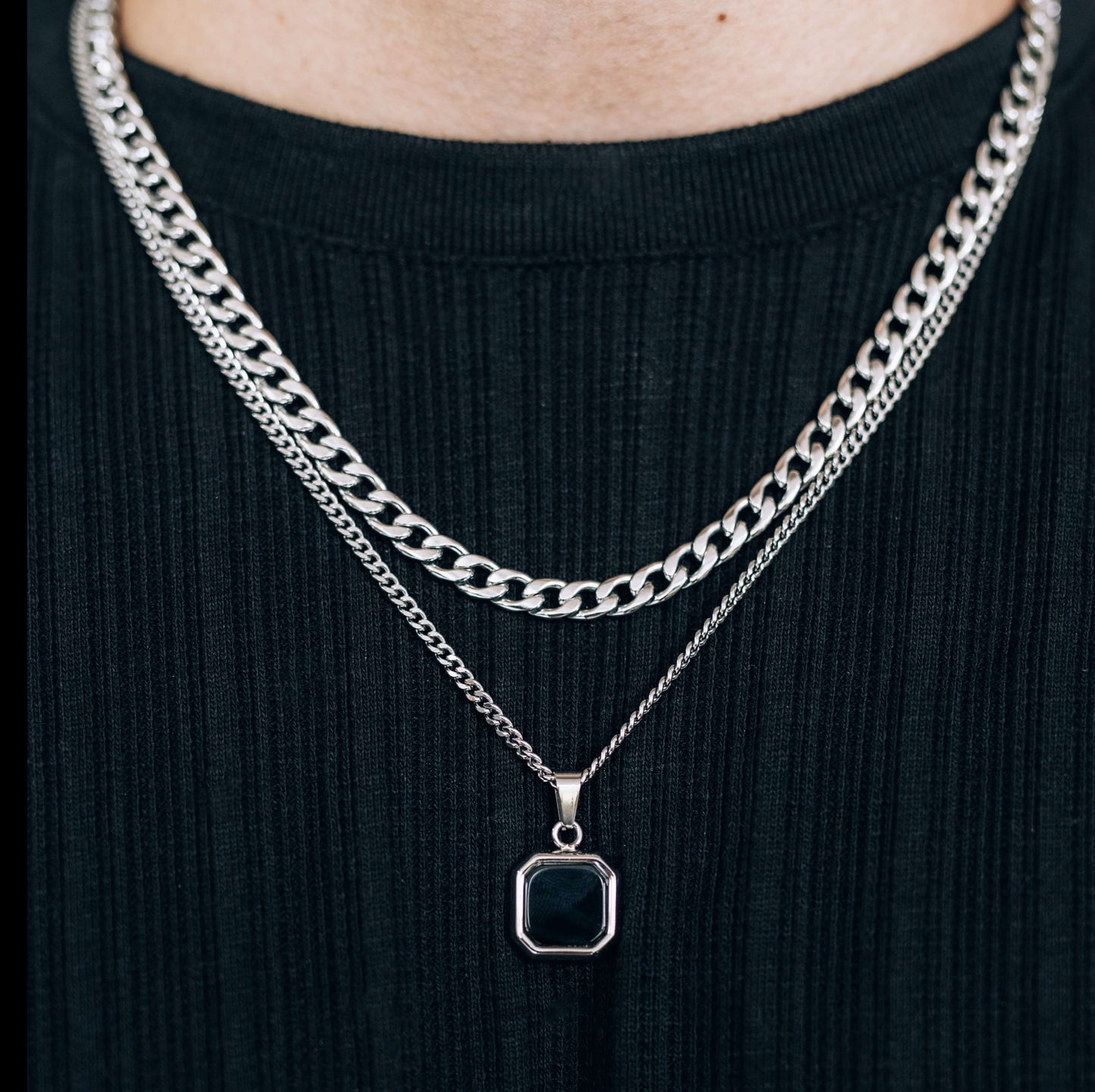 Silver Necklace Set for Men : Black or White Square Pendant Necklace and 6mm Curb Chain - Necklace Set - Boutique Wear RENN