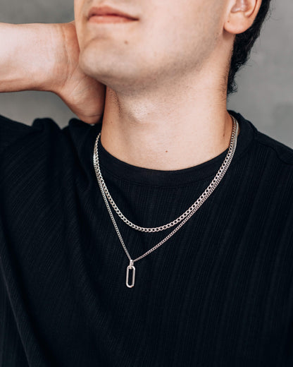 Silver Necklace Set for Men : Oval Pendant Necklace and 4mm Curb Chain