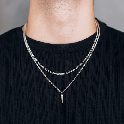 Silver Necklace Set for Men : Spike Pendant Necklace and 3mm Curb Chain