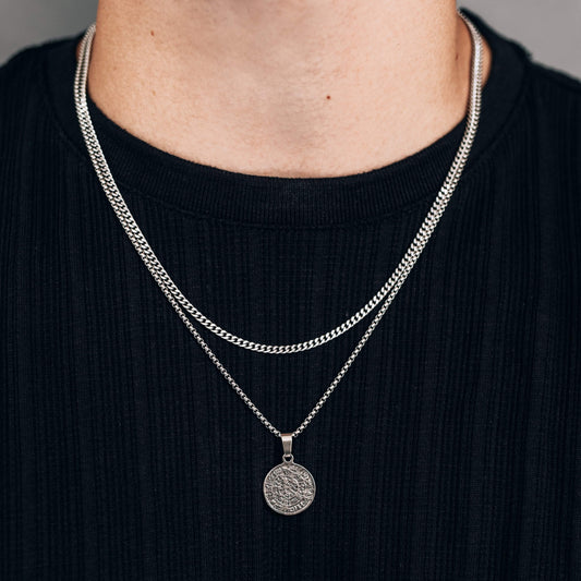 Silver Necklace Set for Men : Coin Pendant Necklace and 3mm Curb Chain