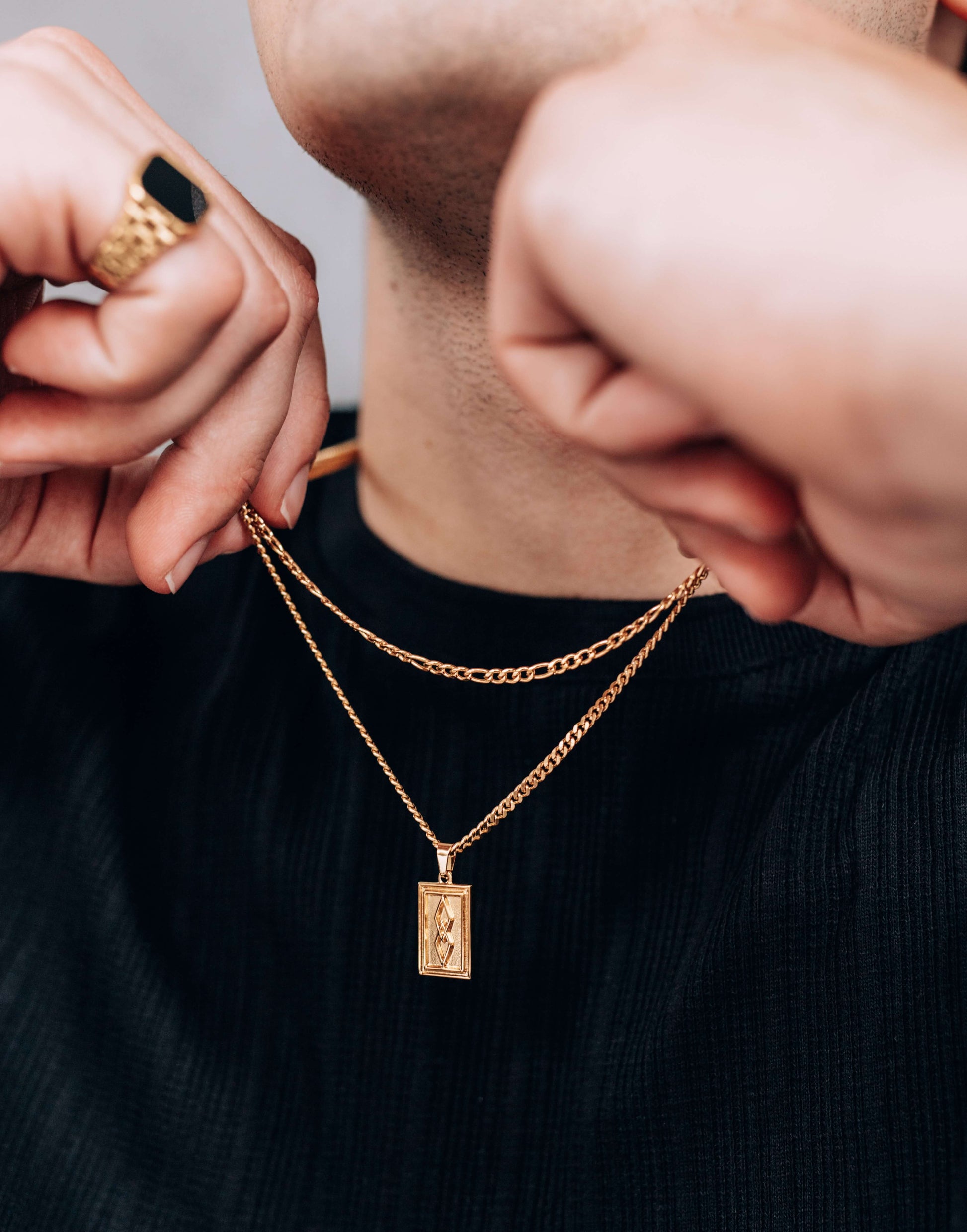 Gold Rectangle Pendant Necklace 3mm Curb Chain For Men or Women - Pendant Necklace - Boutique Wear RENN