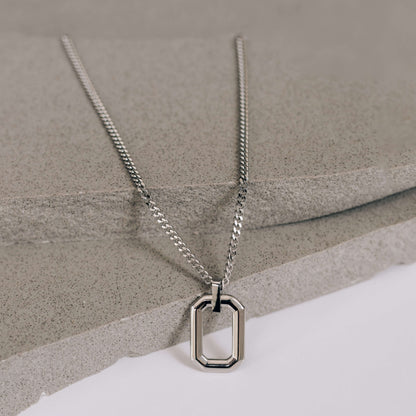 Silver Oval Rectangle Pendant Necklace 3mm Curb Chain For Men or Women - Pendant Necklace - Boutique Wear RENN