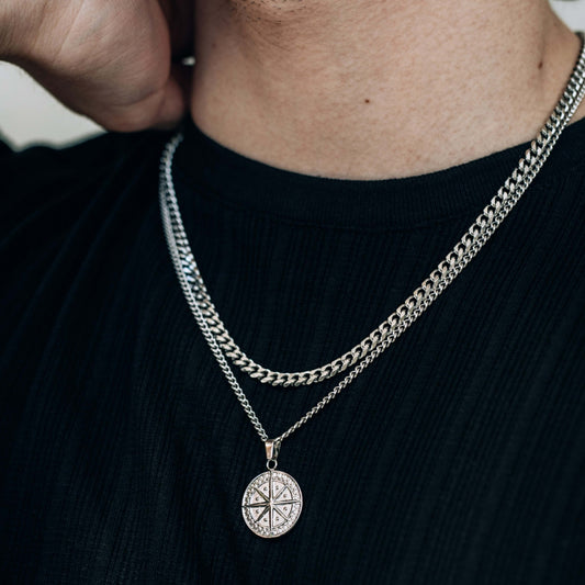 Silver Necklace Set For Men : Compass Pendant Necklace and 5mm Cuban Curb Chain