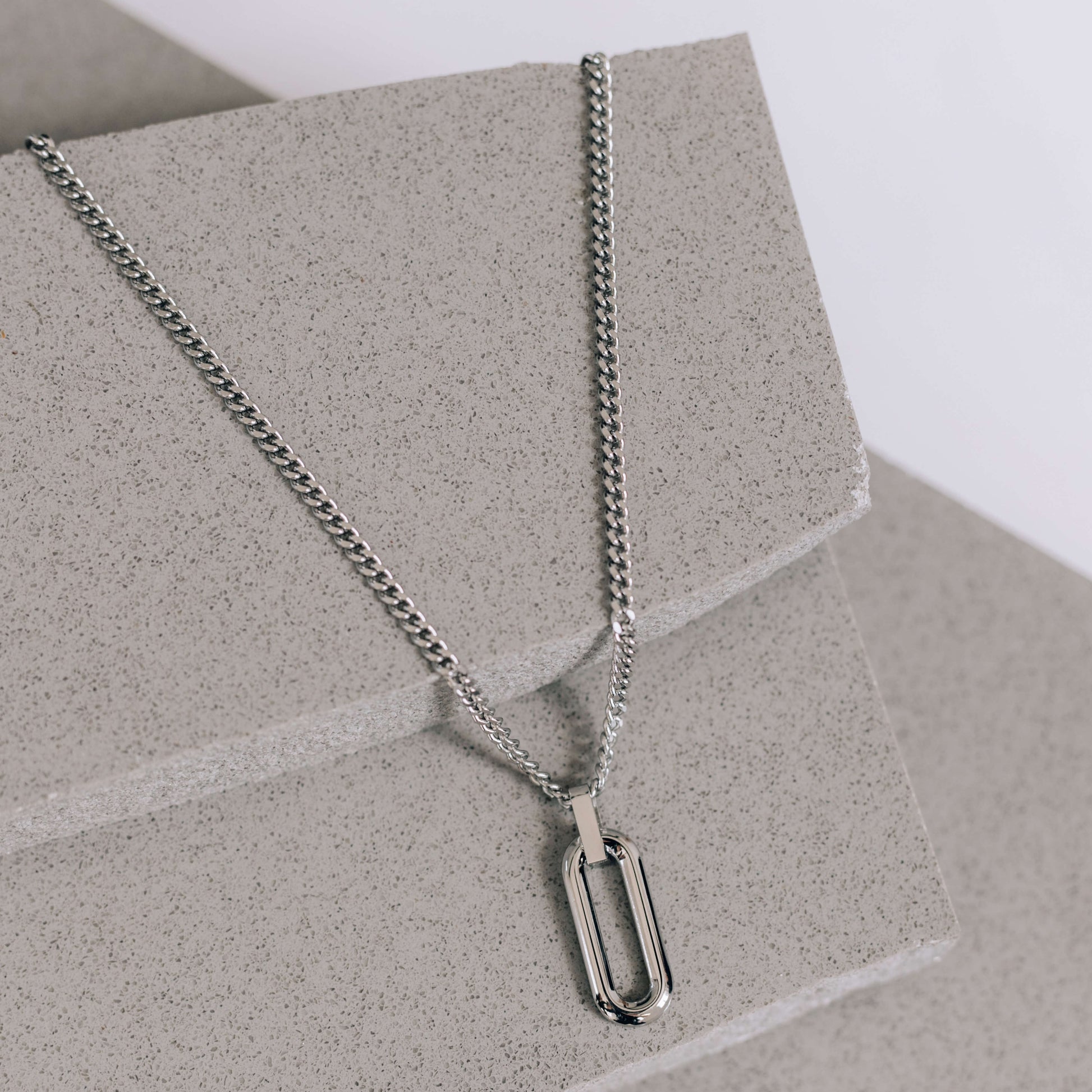 Silver Oval Pendant Necklace 3mm Curb Chain For Men or Women - Boutique Wear RENN - Pendant necklace