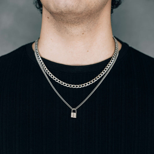 Silver Necklace Set For Men : 6mm Curb Chain and Lock Pendant Necklace - Boutique Wear RENN