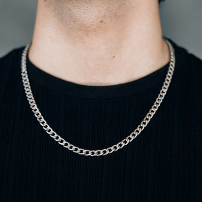Silver Necklace Set For Men : 6mm Curb Chain and Lock Pendant Necklace