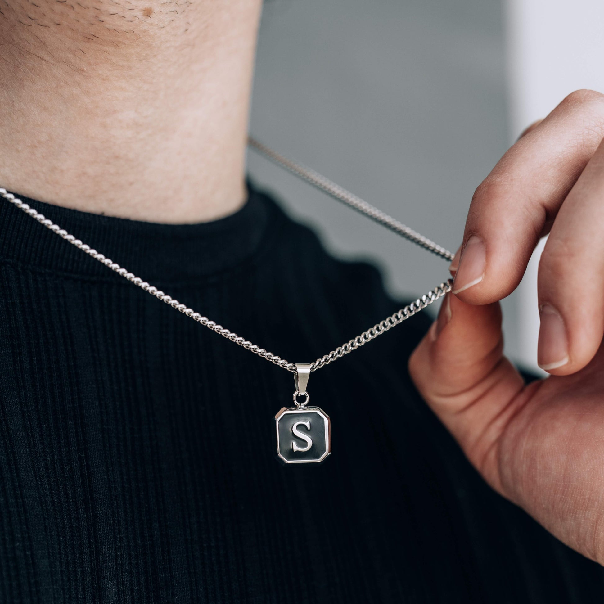 Silver Initial Black Square Pendant Necklace - Main Image