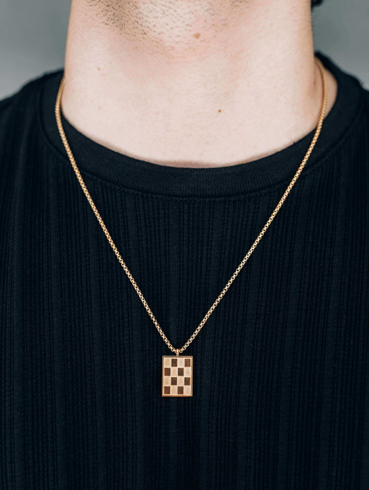 Gold Rectangle Checkered Pendant Necklace 2mm Box Chain For Men or Women