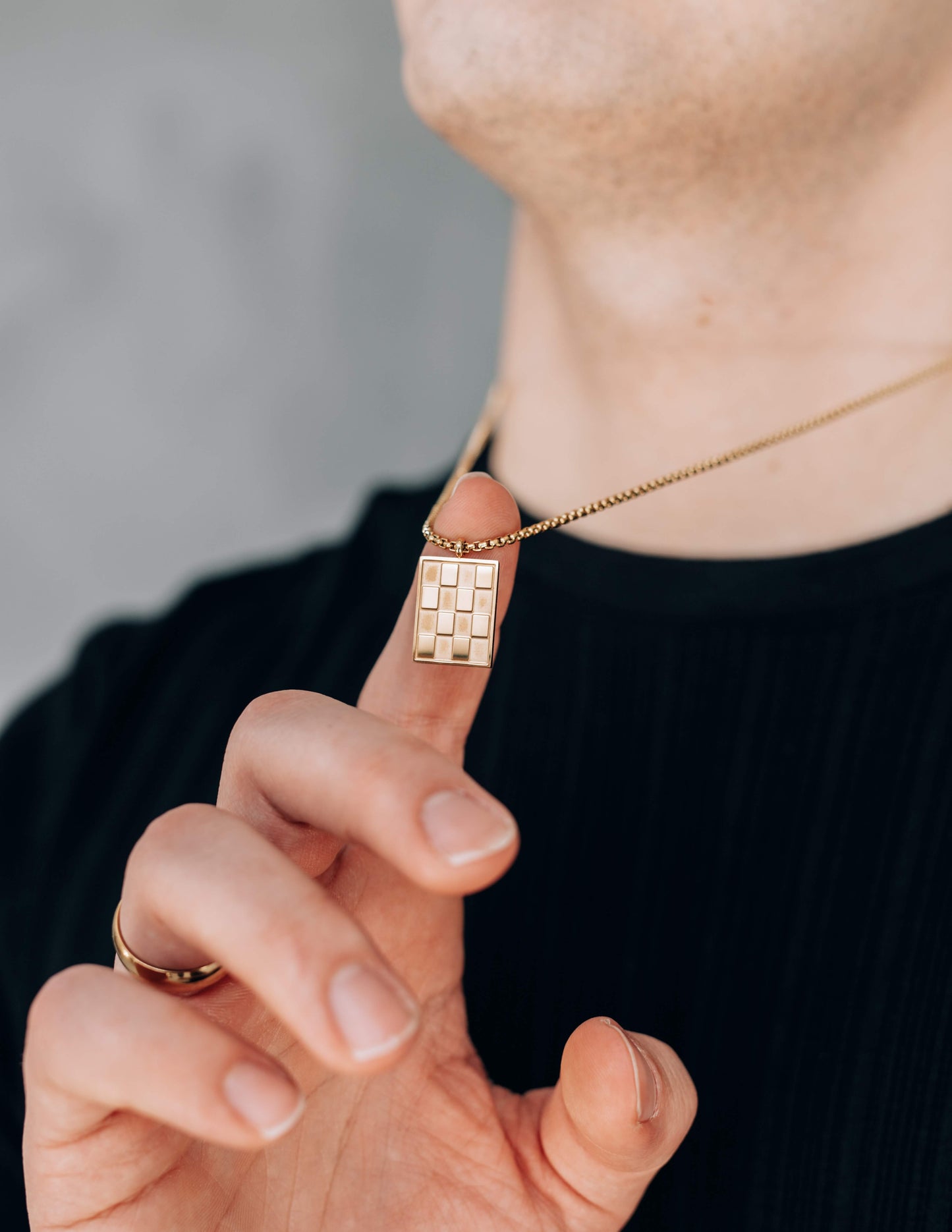 Gold Rectangle Checkered Pendant Necklace 2mm Box Chain For Men or Women