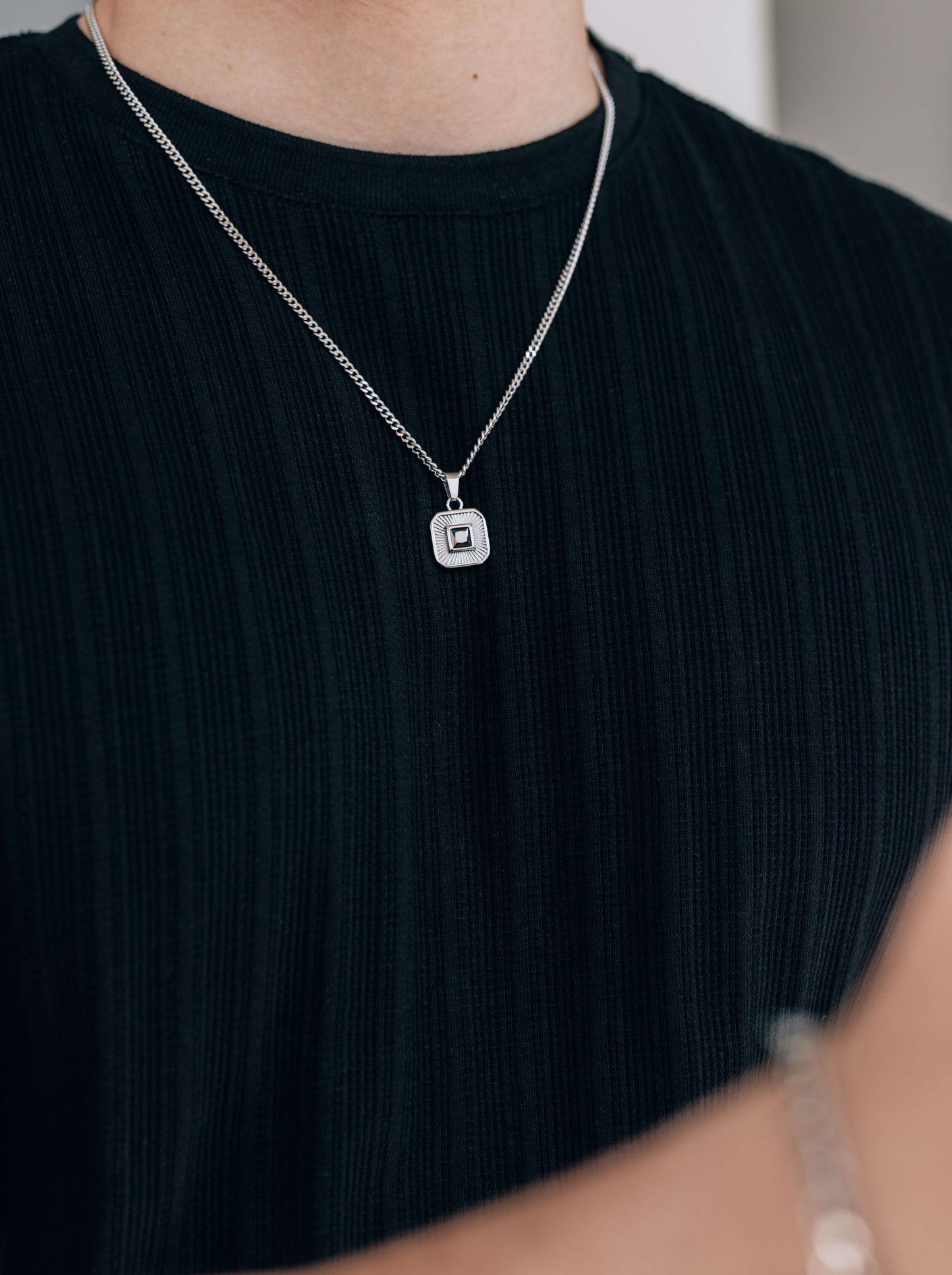 Silver Square Pendant Necklace WIth Black Cubic Zirconia Stone For Men or Women - Pendant Necklace - Boutique Wear RENN 