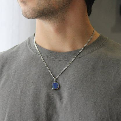 Silver Black, White or Blue Square Pendant Necklace 3mm Curb Chain For Men or Women