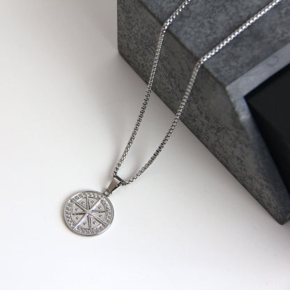 Silver Compass Pendant Necklace 2mm Box ChainFor Men or Women