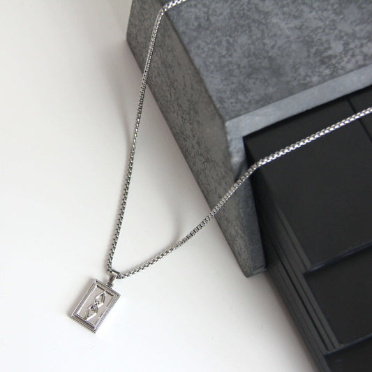 Silver Rectangle Pendant Necklace 2mm Box Chain For Men - Pendant Necklace - Stainless Steel - Boutique Wear RENN