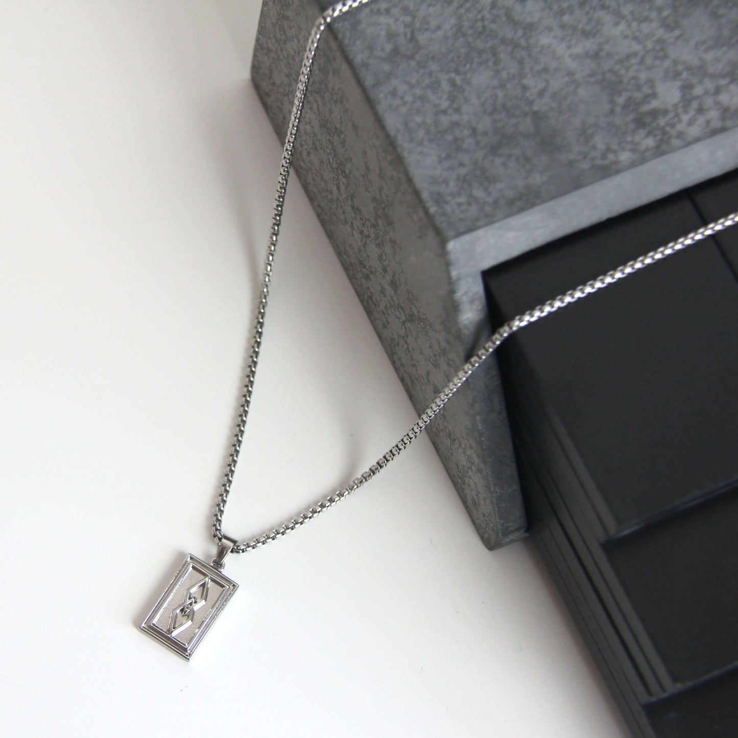 Silver Rectangle Pendant Necklace For Men or Women - Boutique Wear RENN