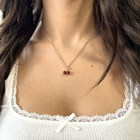 Gold and Red Cherry Pendant Necklace For Women - Boutique Wear RENN