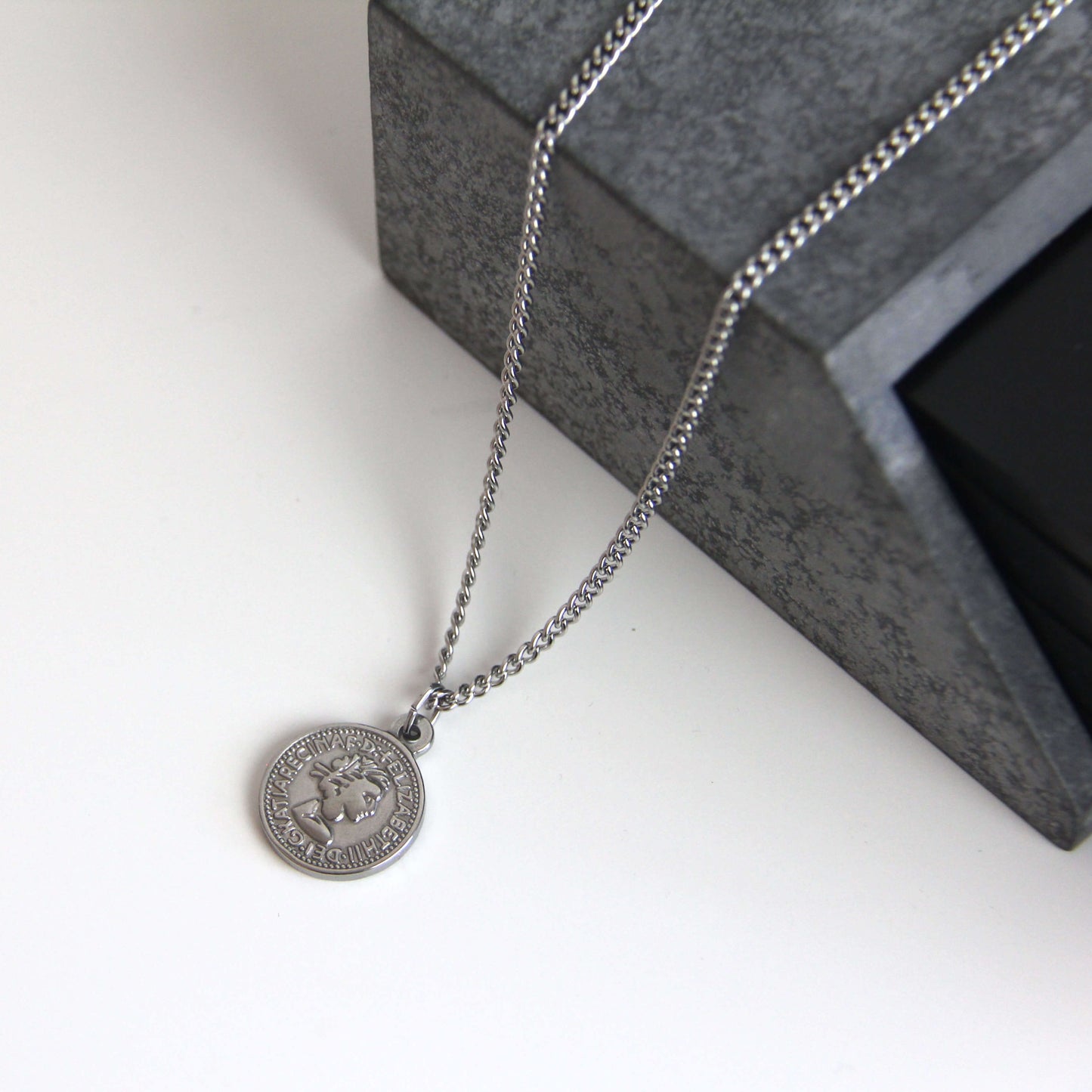 Silver Necklace Set for Men : Coin Pendant Necklace and 4mm Curb Chain - Necklace Set - Boutique Wear RENN