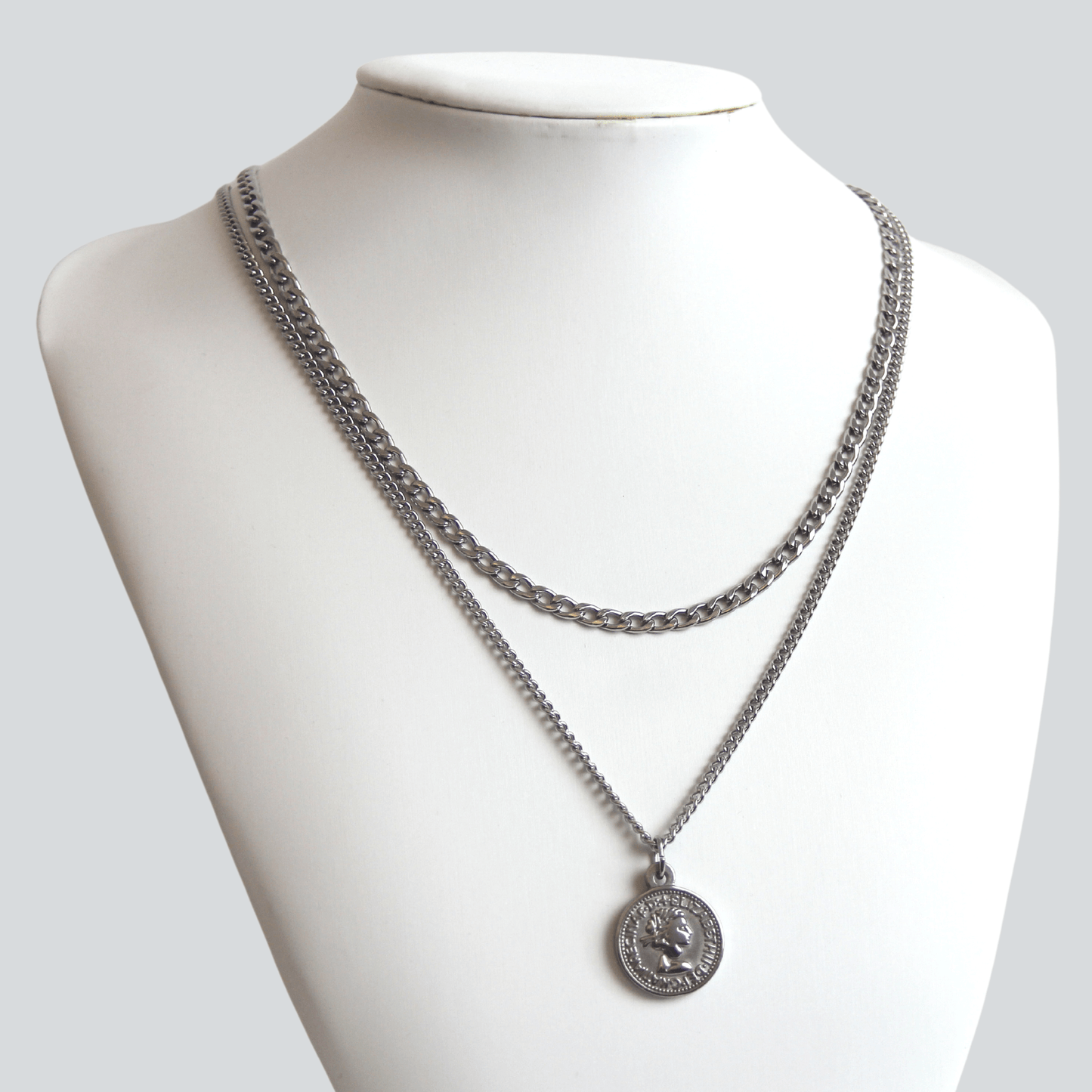 Silver Necklace Set for Men : Coin Pendant Necklace and 4mm Curb Chain - Necklace Set -  Boutique Wear RENN