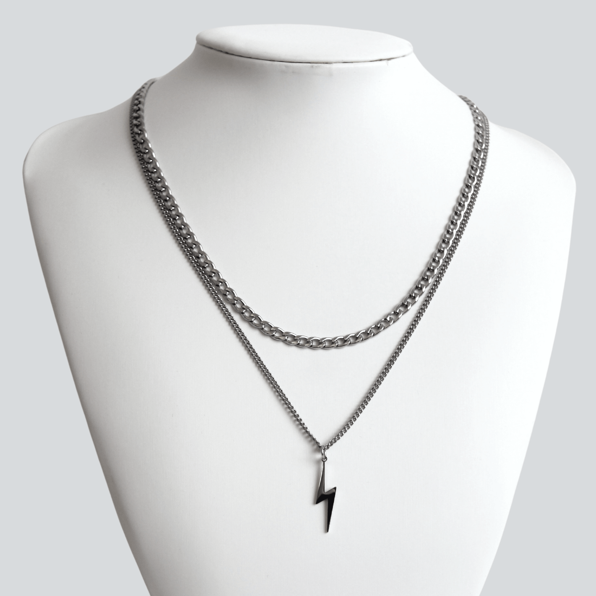 Silver Necklace Set For Men or Women : Lightning Bolt Pendant Necklace and 4mm Curb Chain - Boutique Wear RENN
