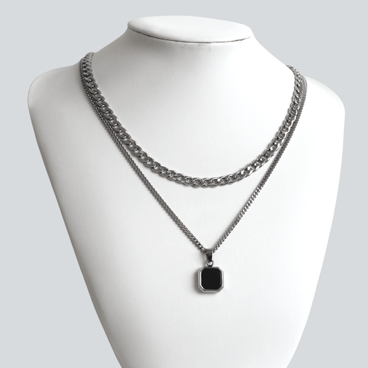 Silver Necklace Set for Men : Black or White Square Pendant Necklace and 6mm Curb Chain - Necklace Set - Boutique Wear RENN