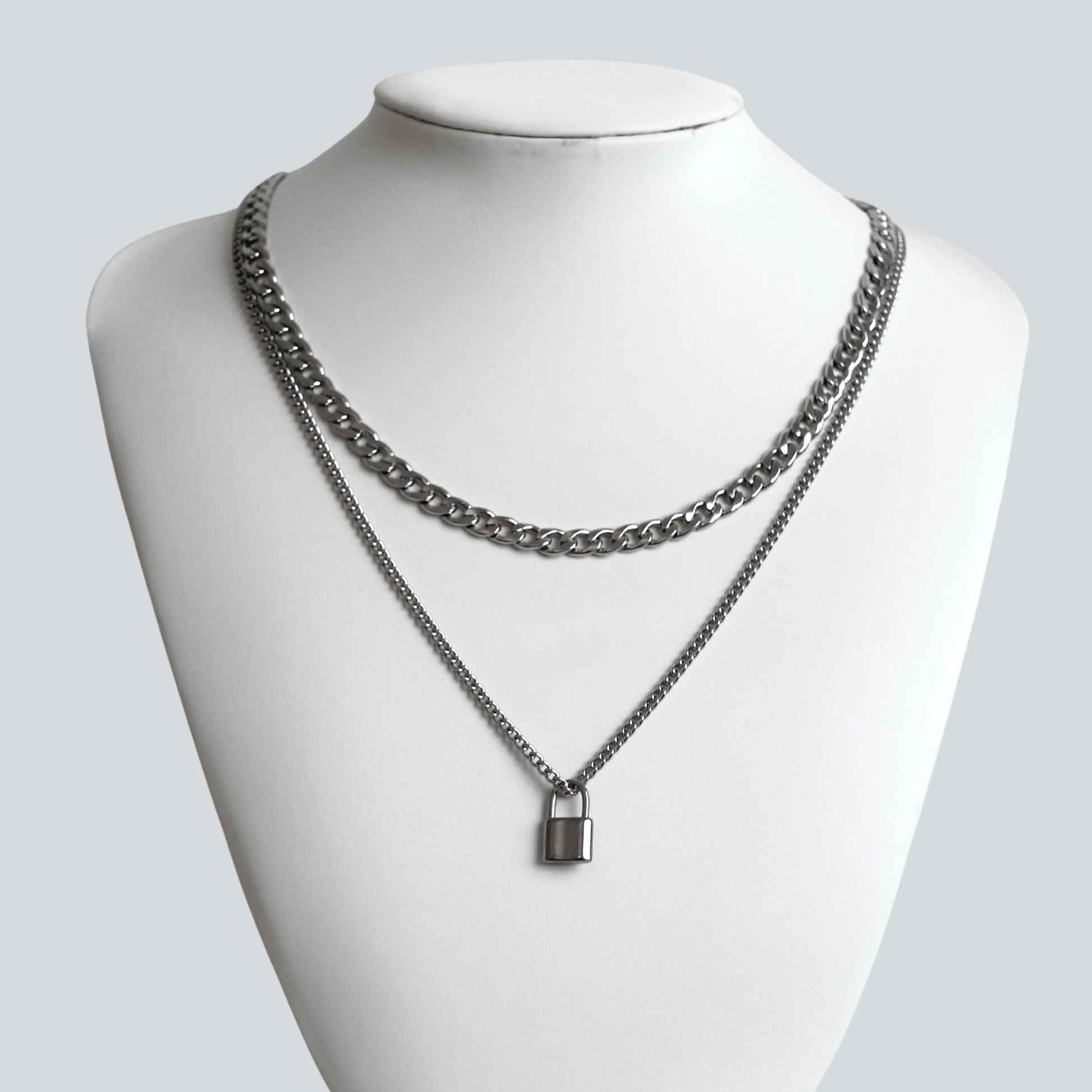 Silver Necklace Set For Men : 6mm Curb Chain and Lock Pendant