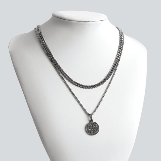 Silver Necklace Set for Men : Coin Pendant Necklace and 5mm Cuban Curb Chain