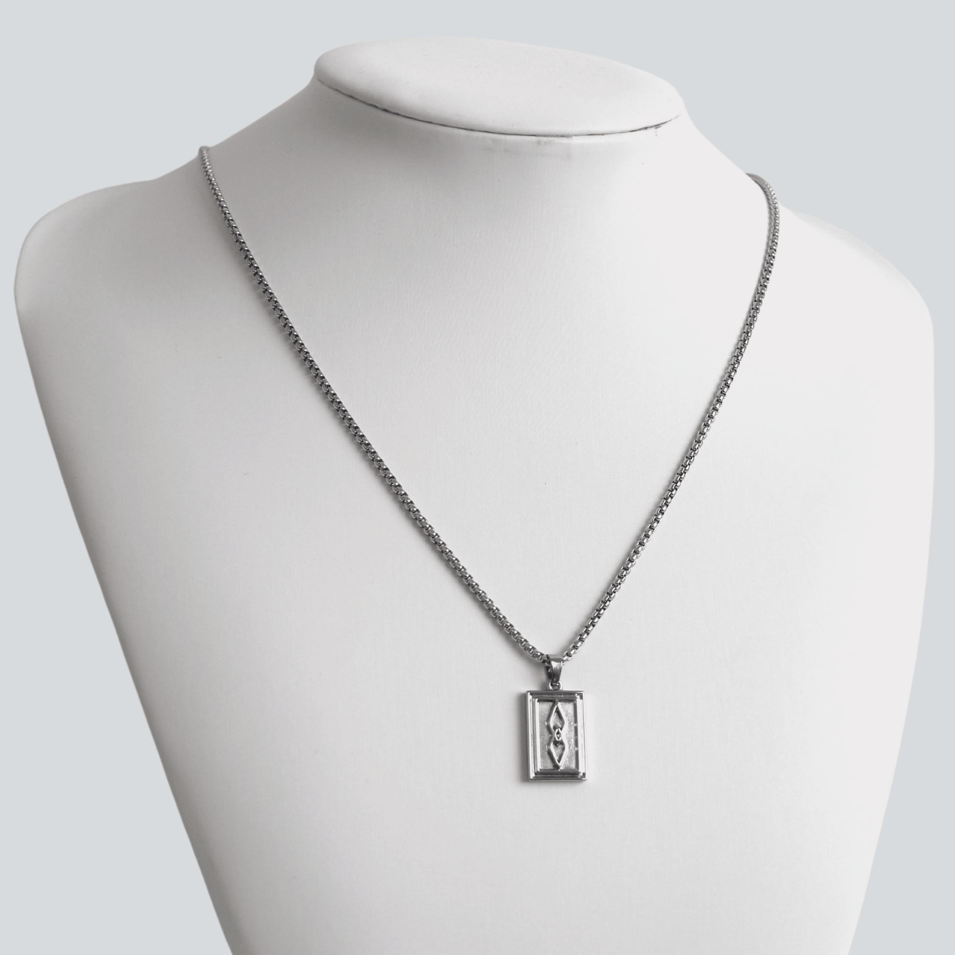 Silver Rectangle Pendant Necklace 2mm Box Chain For Men - Pendant Necklace - Stainless Steel - Boutique Wear RENN