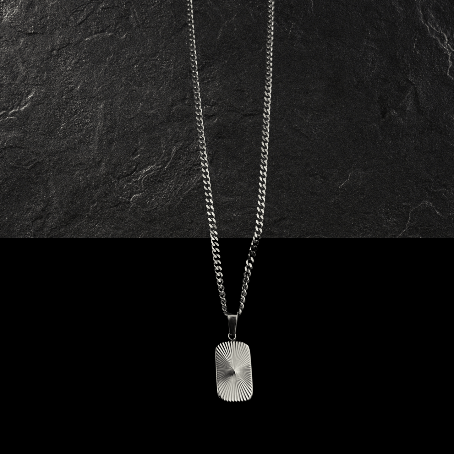 Silver Necklace Set : Sun Rectangle Pendant Necklace and 5mm Curb Chain - Stainless Steel - Boutique Wear RENN