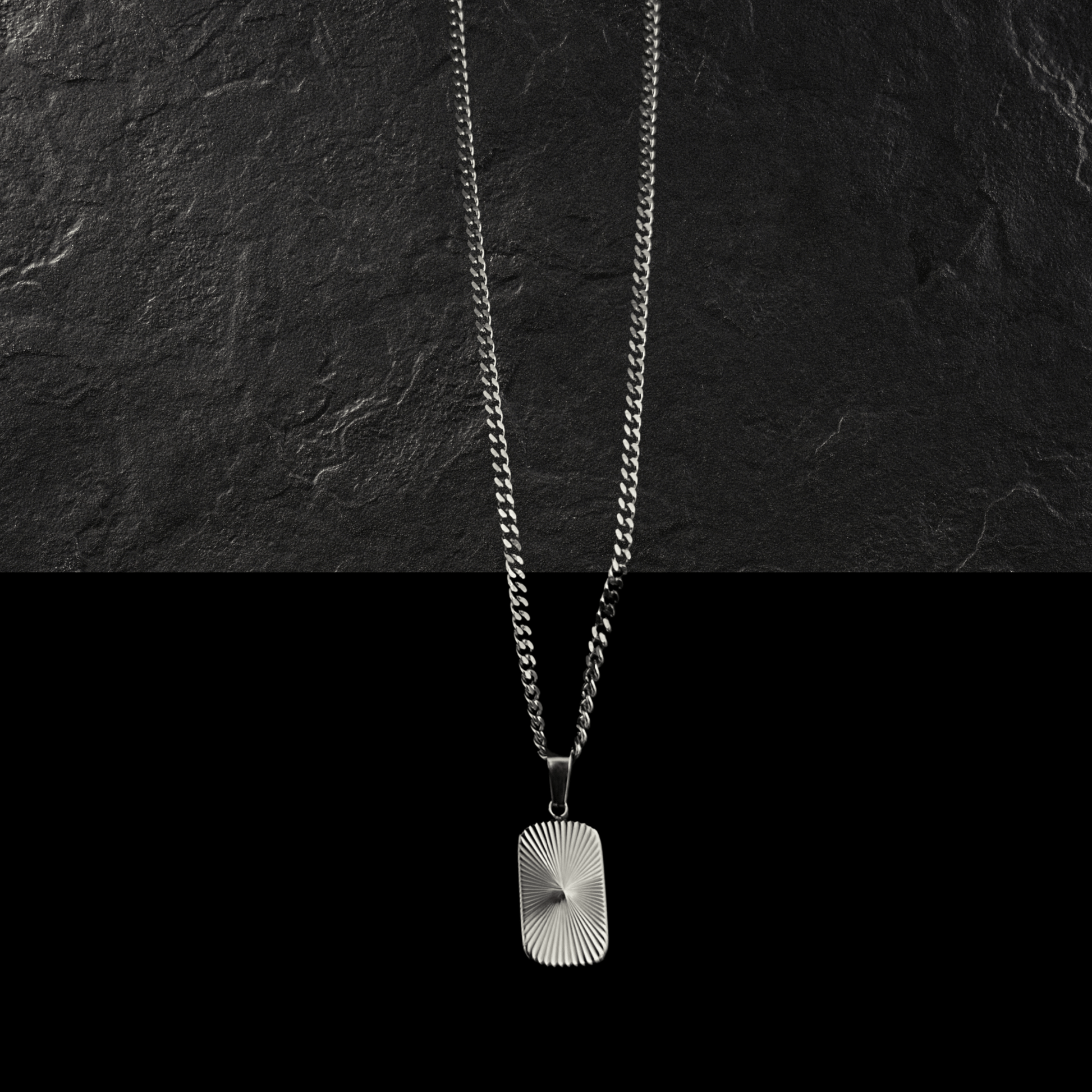 Silver Necklace Set : Sun Rectangle Pendant Necklace and 5mm Curb Chain - Stainless Steel - Boutique Wear RENN