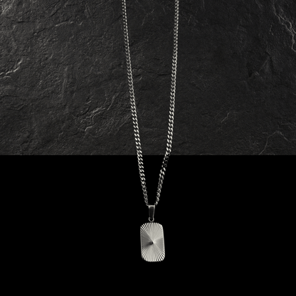 Silver Necklace Set : Sun Rectangle Pendant Necklace and 5mm Curb Chain - Stainless Steel - Boutique Wear RENN